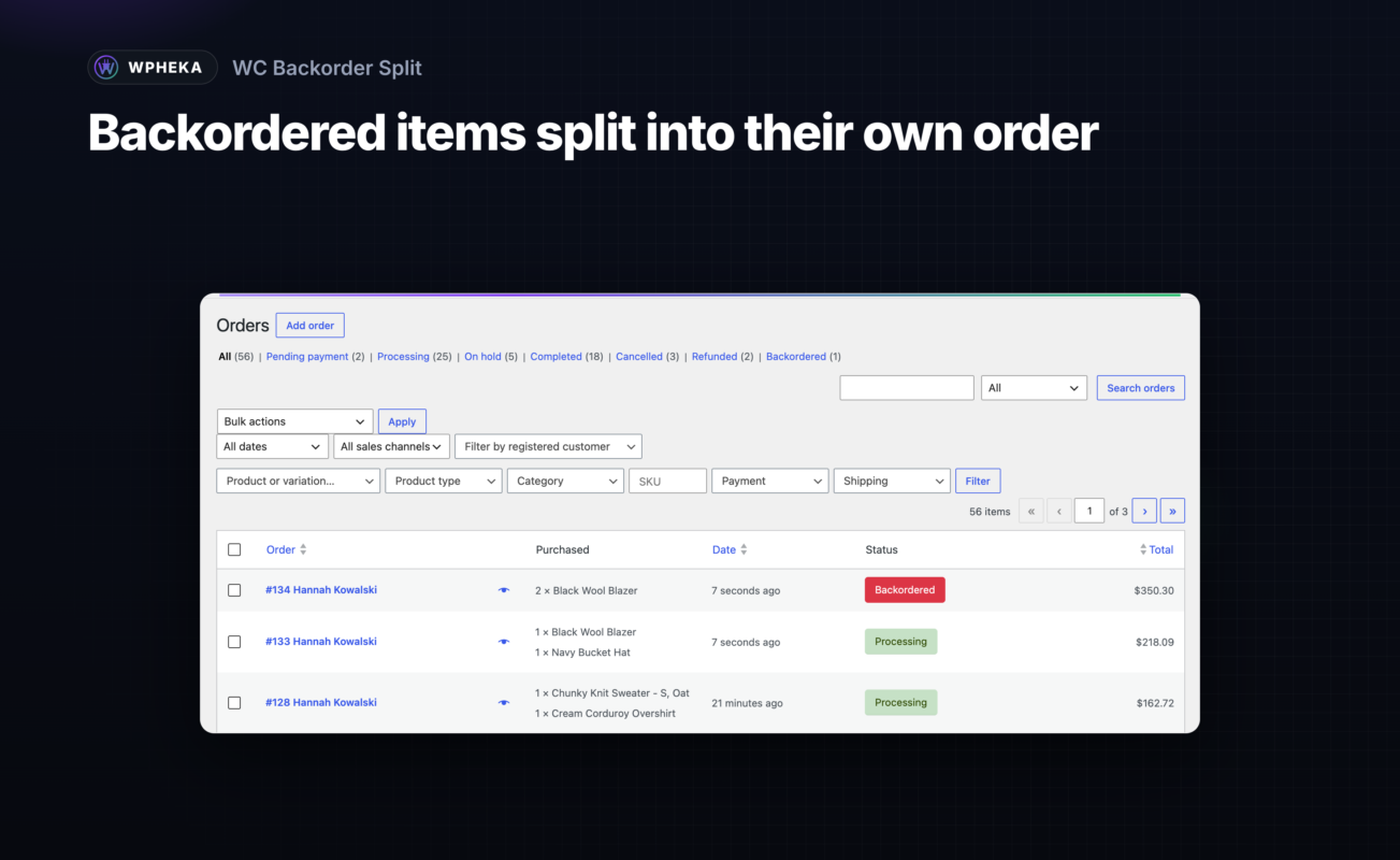 The WooCommerce orders list with a new Backordered order next to the original Processing order.