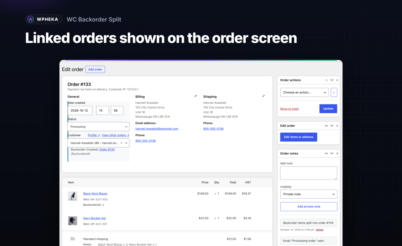 An order screen with a link to the backorder that was split from it.