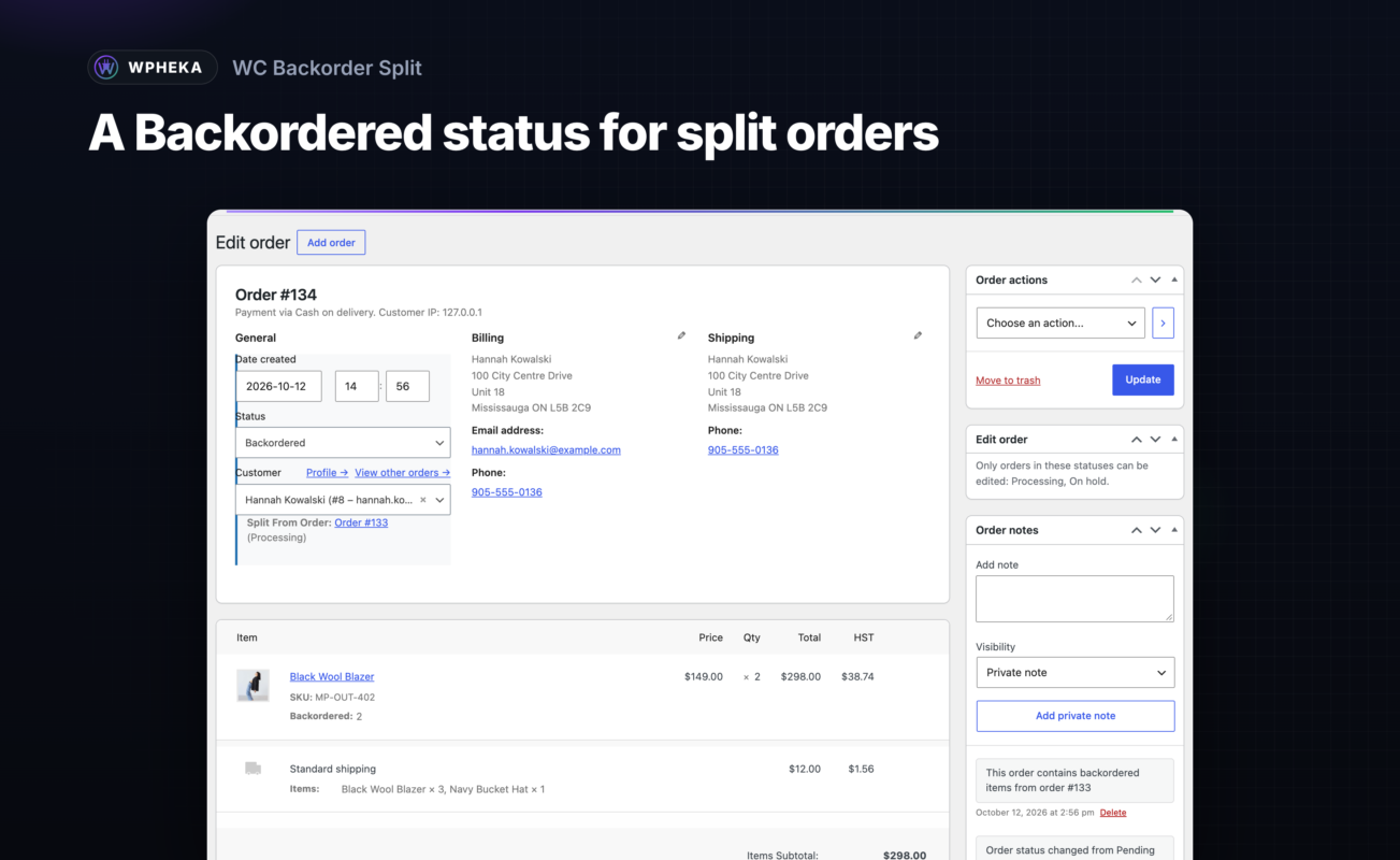 A split order in Backordered status with a link back to the original order.