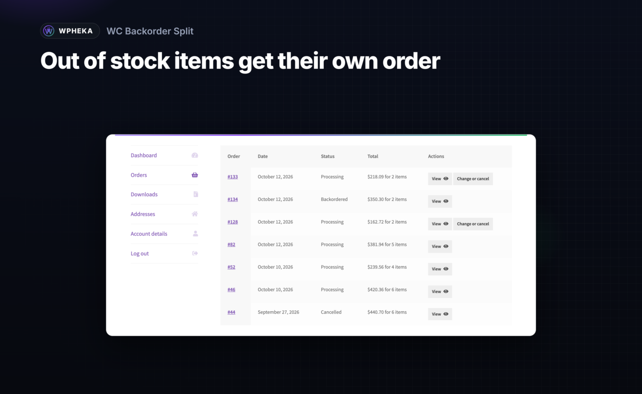 A customer's order history with a Processing order and a separate Backordered order.