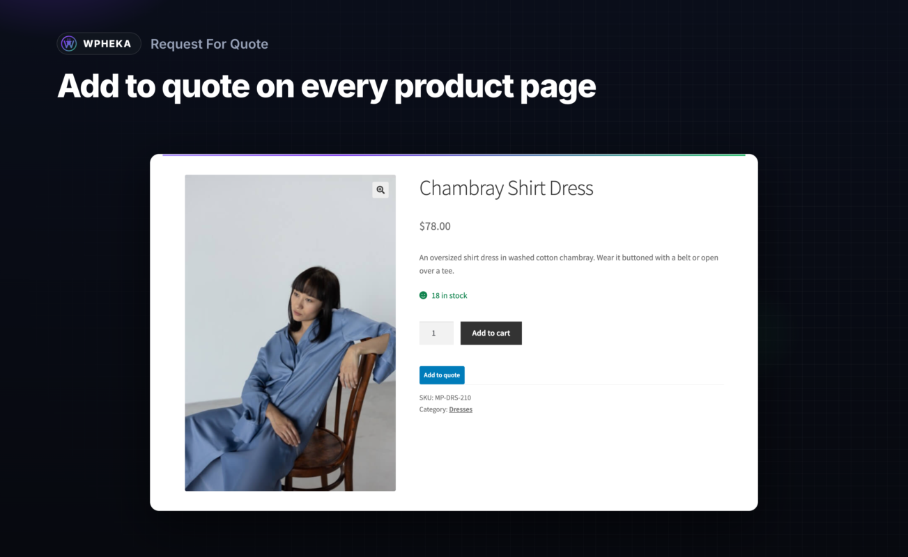 A product page for a chambray shirt dress with an Add to quote button.