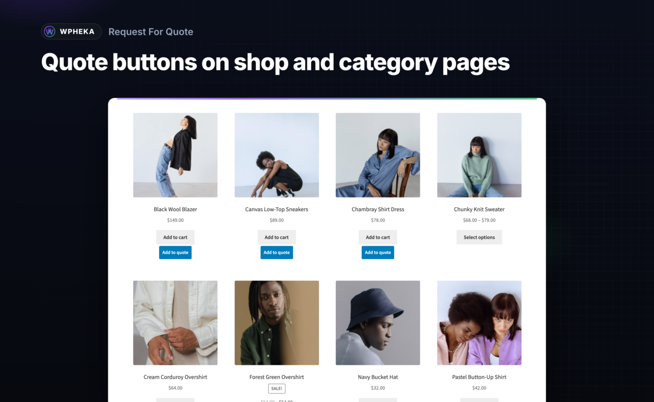 The shop page with an Add to quote button under each product.