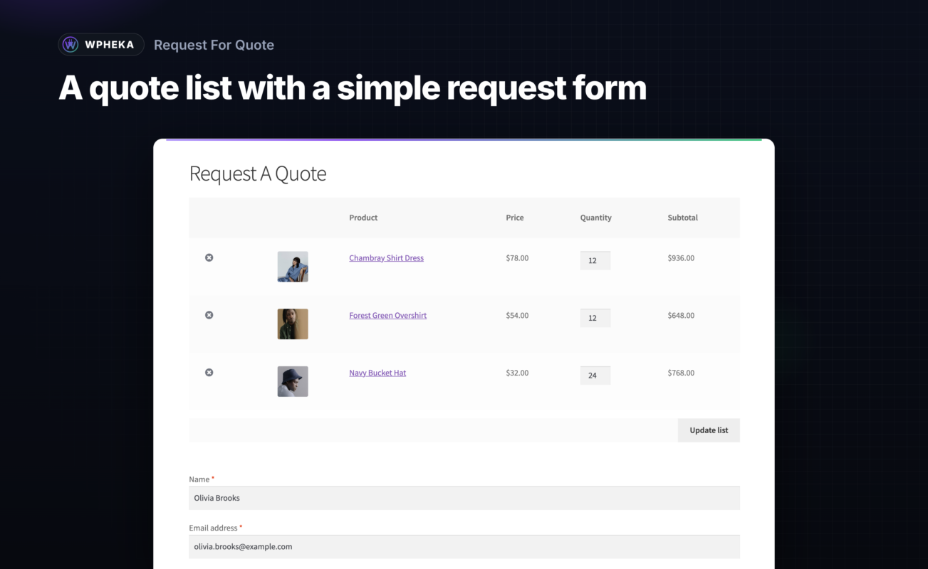 The quote list page with three products and a filled-in request form.