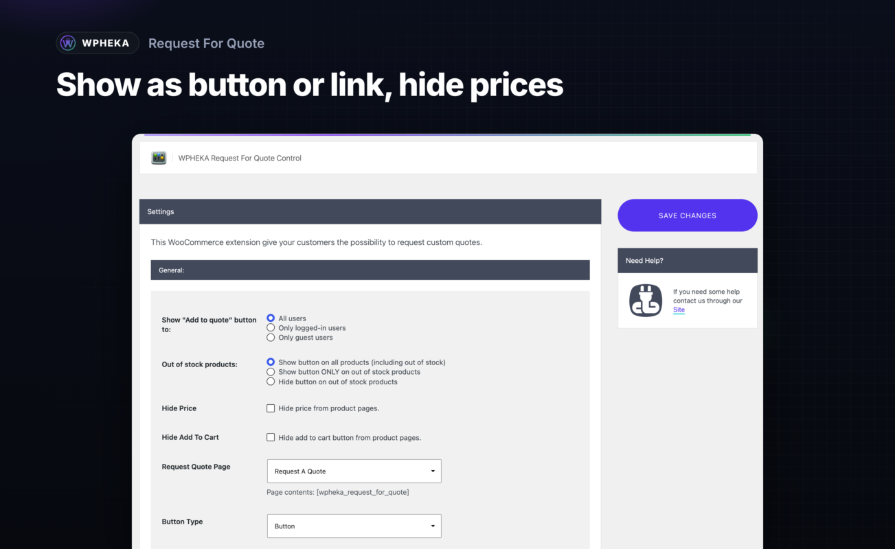 The Request For Quote settings screen.