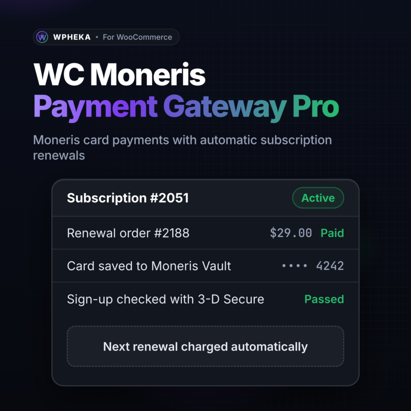 WC Moneris Payment Gateway Pro: Moneris card payments with automatic subscription renewals, with a renewal paid by a card saved to the Moneris Vault.