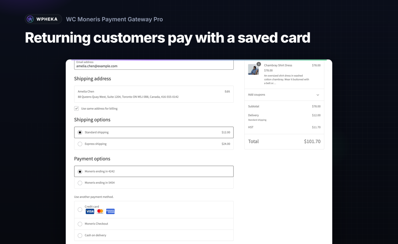 The WooCommerce Checkout block for a returning customer with two saved Moneris cards, Credit card and Moneris Checkout.