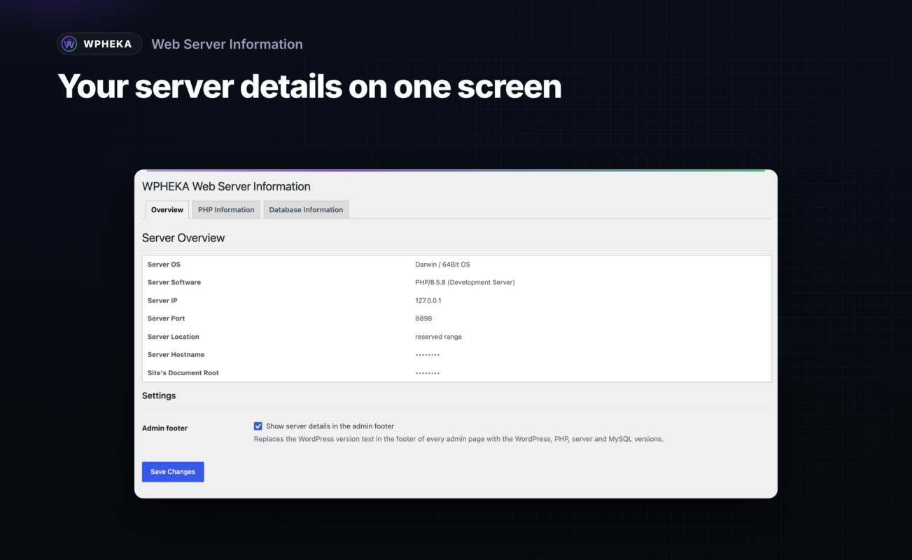 The server overview table with the host name and document root hidden.