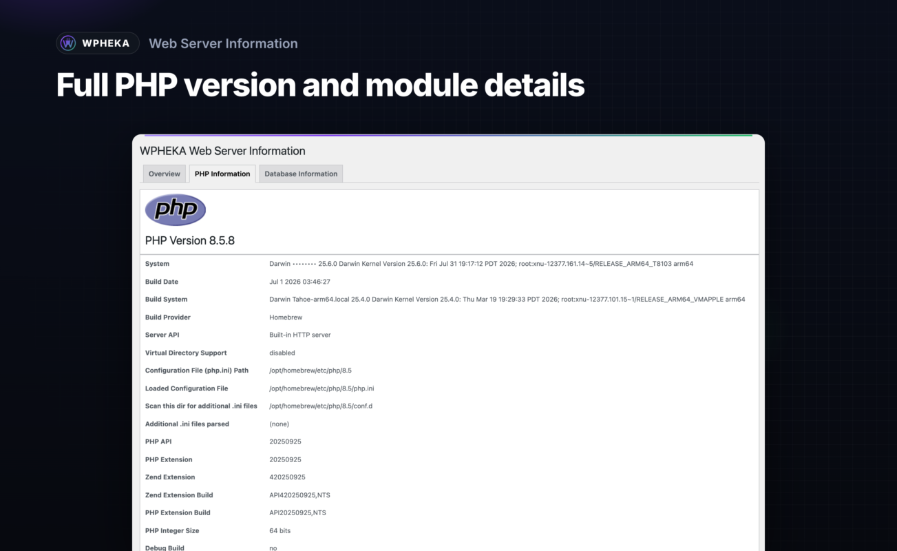 The PHP information tab showing the PHP version and configuration.