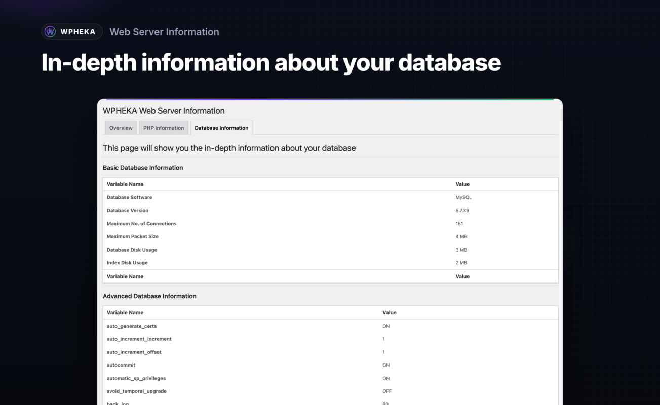 The database information tab with basic and advanced MySQL details.
