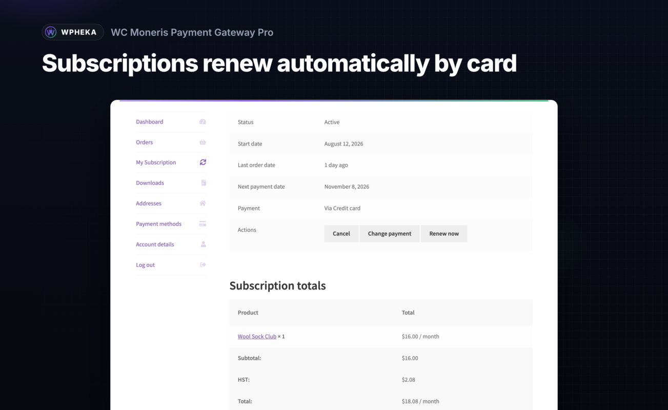 A customer's active monthly subscription paid by card, with its renewal details in My Account.
