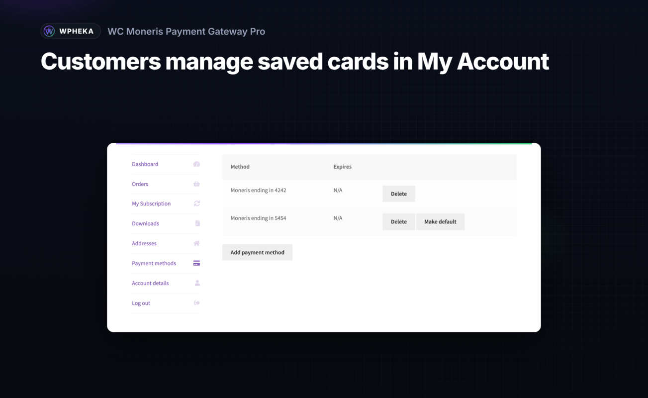 My Account payment methods with two cards saved through Moneris.